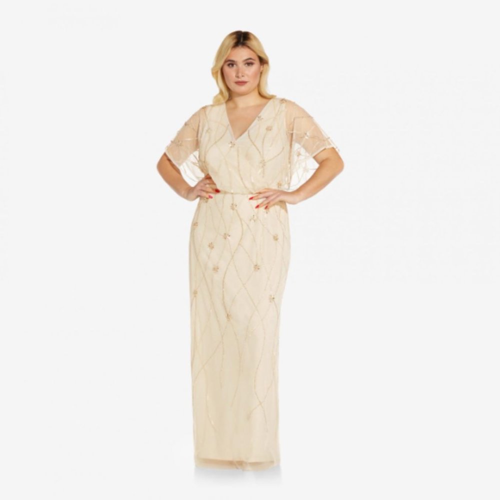 Plus Size Beaded Surplice Blouson Long Gown Soft Silk